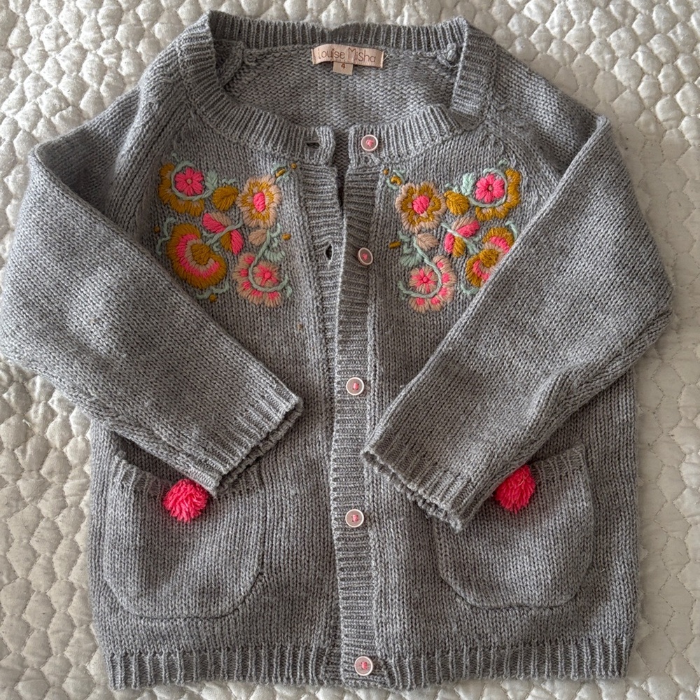 Louise Misha Girls' Gray Embroidered Cardigan with Pink Accents